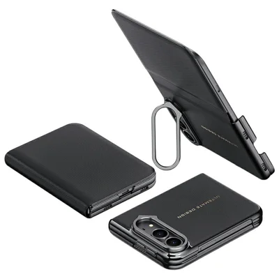 Coque Duo pour iPhone avec fenêtre intelligente Smart View, housse en cuir avec trépied métallique pour objectif - Noir
