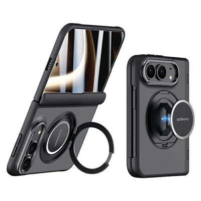 For iPhone Duo Magnetic Case Hand Strap Kickstand 2-in-1 Phone Cover with Tempered Glass Film - Black