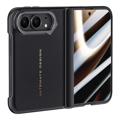 For iPhone Duo Magnetic Case with HD Tempered Glass Film Lens Kickstand Leather + PC Phone Cover - Black
