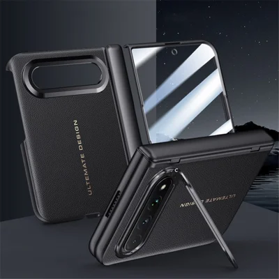 For Xiaomi 18 Fold Case Case Leather + PC Phone Cover with HD Tempered Glass Film, Lens Kickstand - Black