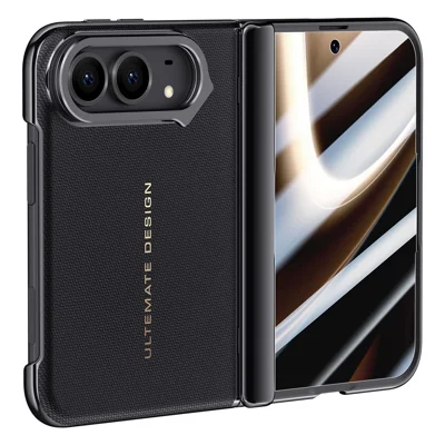 For iPhone Duo Magnetic Case Leather + PC Electroplated Phone Cover with HD Tempered Glass Film, Lens Kickstand - Black