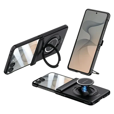 For Samsung Galaxy Z Flip8 Case with HD Screen Protector Kickstand Matte PC Phone Cover - Black