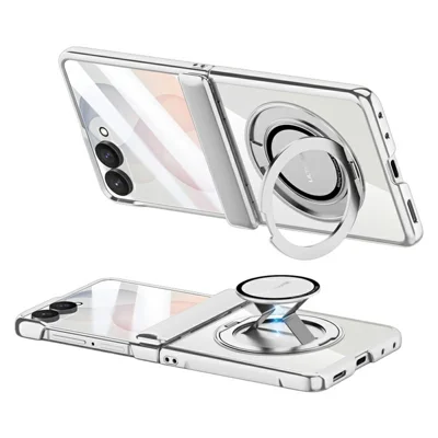 For Samsung Galaxy Z Flip8 Case Hard PC Rotating Kickstand Phone Cover with HD Screen Protector - Silver