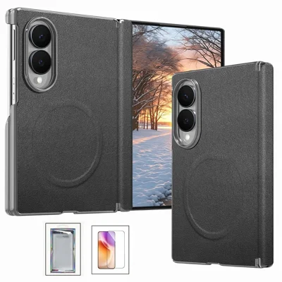For Samsung Galaxy Z Fold8 Magnetic Case with Tempered Glass Screen Protector PU Leather + PC Phone Cover - Black
