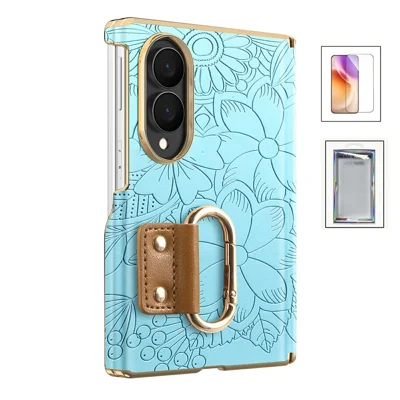 For Samsung Galaxy Z Fold8 Case with Tempered Glass Film PU Leather Flower and Leaf Pattern Phone Cover - Blue