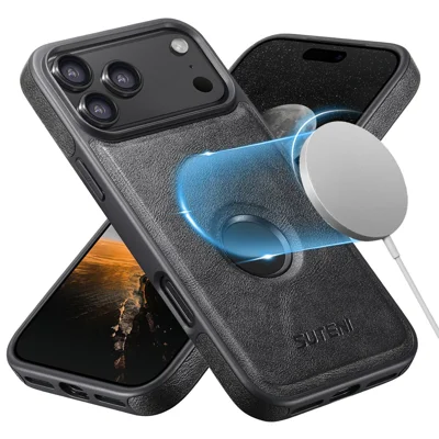 SUTENI G1 for iPhone 18 Pro Max / 17 Pro Max Magnetic Case Waxy Texture Leather Coated TPU Phone Cover - Black