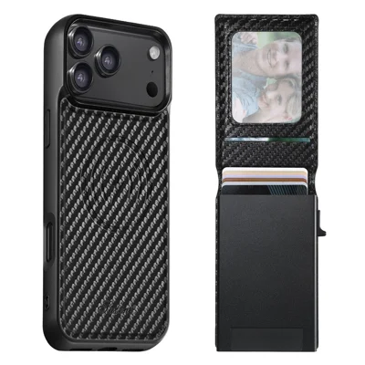 SUTENI H19 for iPhone 18 Pro / 17 Pro Magnetic Case Carbon Fiber Texture Leather Back Cover with Card Bag - Black