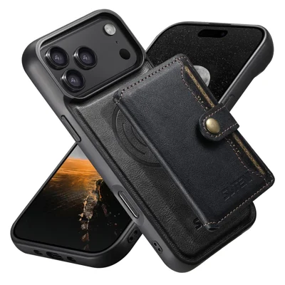 SUTENI M4 for iPhone 18 Pro / 17 Pro Magnetic Case with Card Holder Cowhide Texture Leather Back Cover - Black