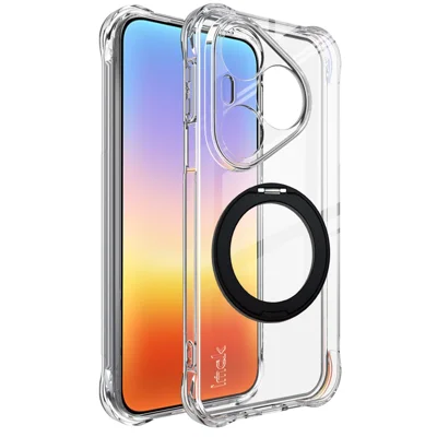 IMAK for Huawei Pura 90 Pro Case Magnetic Rotating Kickstand Airbag Shockproof Soft TPU Phone Cover - Transparent + Black