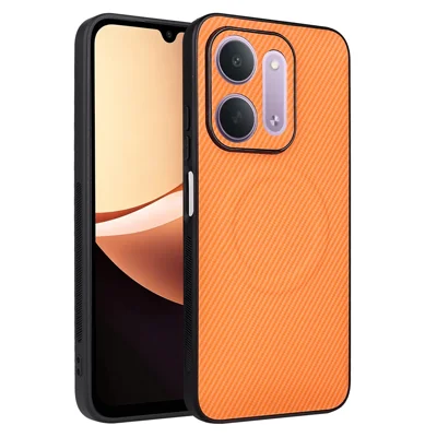 For Xiaomi Redmi 17C 5G Case Carbon Fiber Texture Leather Coated TPU PC Phone Cover with Metal Ring for Magnetic Car Mount - Orange