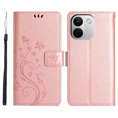 For Xiaomi Redmi Note 17 Pro+ 5G Leather Wallet Case Butterfly Flower Imprinted Phone Cover with Strap - Rose Gold