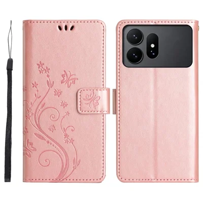 For Samsung Galaxy S27 Ultra Leather Wallet Case Butterfly Flower Imprinted Phone Cover with Strap - Rose Gold