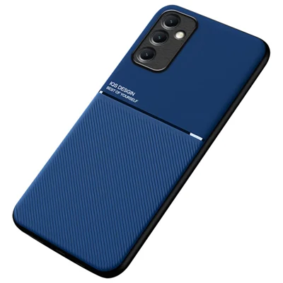 Back Shell for Samsung Galaxy A14 5G / 4G , Lines Imprinted Anti-collision PU Leather+TPU Phone Case Car Mount Metal Sheet Smartphone Cover - Blue