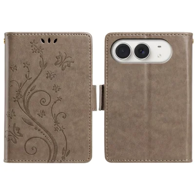 For iPhone Duo Leather Wallet Case Butterfly Flower Imprinted Phone Cover with Strap - Grey