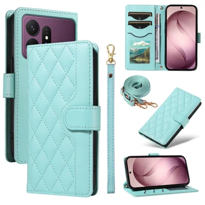  For Samsung Galaxy S27 Pro Wallet Case Rhombus Leather Phone Cover with Strap - Green
