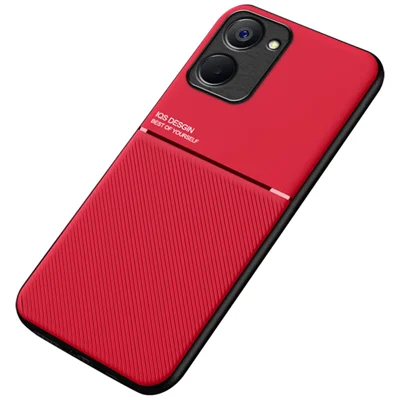 Back Shell for Realme 10 4G, Lines Imprinted PU Leather+TPU Anti-fall Phone Case Car Mount Metal Sheet Smartphone Cover - Red