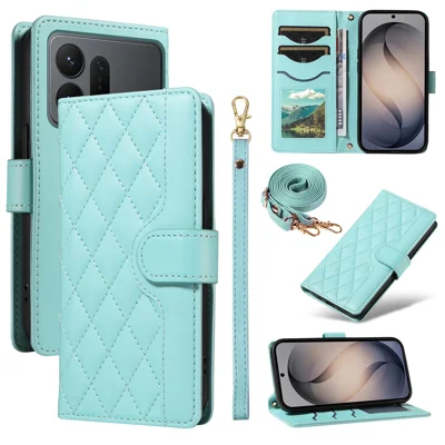  For Samsung Galaxy S27 Ultra Wallet Case Rhombus Leather Phone Cover with Strap - Green