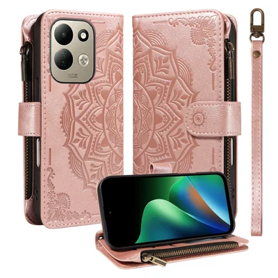  For Xiaomi Redmi 17 5G / Xiaomi Redmi 17 4G Wallet Case 9 Card Slots RFID Blocking Mandala Embossed Leather Flip Cover with Wrist Strap - Rose Gold
