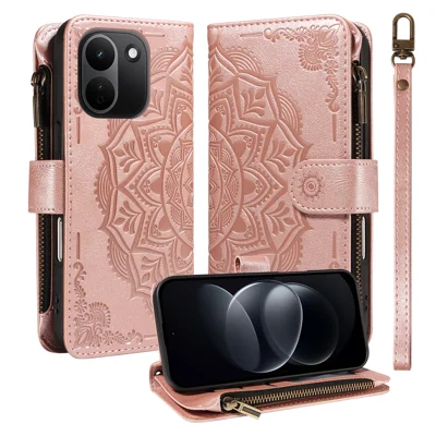  For Xiaomi Redmi Note 17 Pro+ 5G / Xiaomi Redmi Note 17 Pro Max 5G Wallet Case 9 Card Slots RFID Blocking Mandala Embossed Leather Flip Cover with Wrist Strap - Rose Gold