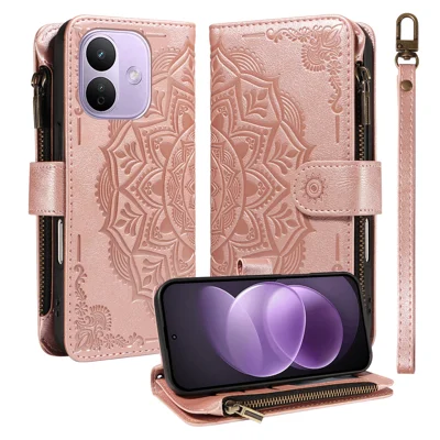 For Xiaomi Redmi Note 17 Pro 5G Wallet Case 9 Card Slots RFID Blocking Mandala Embossed Leather Flip Cover with Wrist Strap - Rose Gold