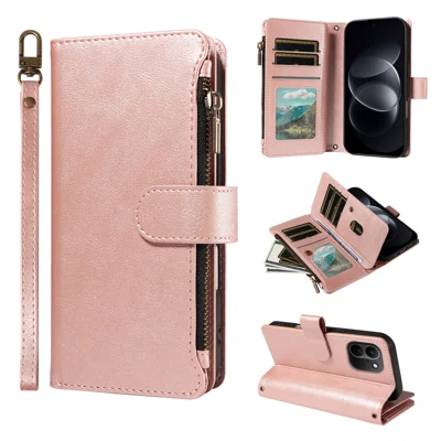  For Xiaomi Redmi Note 17 Pro+ 5G / Xiaomi Redmi Note 17 Pro Max 5G Leather Case 9 Card Slots Zipper Pocket Phone Cover with Wrist Strap - Rose Gold