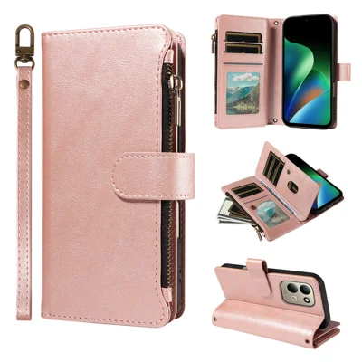 Ledertasche für Xiaomi Redmi 17 5G / Xiaomi Redmi 17 4G mit 9 Kartensteckplätzen, Reißverschlussfach, Handyhülle mit Handschlaufe - Roségold