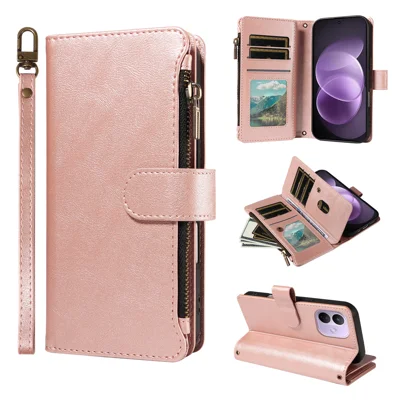  For Xiaomi Redmi Note 17 Pro 5G Leather Case 9 Card Slots Zipper Pocket Phone Cover with Wrist Strap - Rose Gold