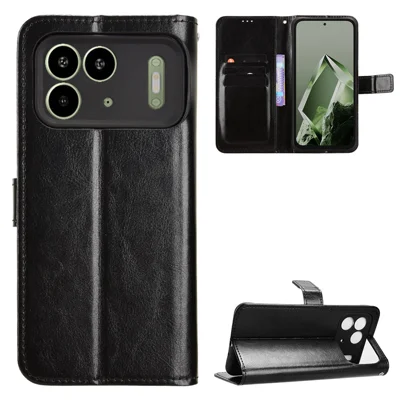 Étui en cuir PU pour itel Power 80 avec sangle, housse portefeuille avec texture cheval sauvage - Noir