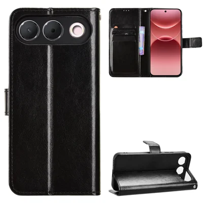  For Oppo A7 Pro 5G PU Leather Case with Strap Crazy Horse Texture Phone Wallet Cover - Black