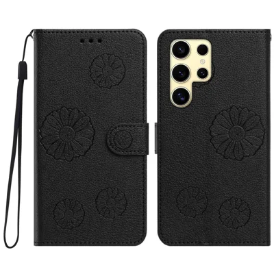 For Samsung Galaxy S24 Ultra Daisy Pattern PU Leather Wallet Phone Cover with Wrist Strap - Black