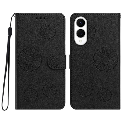 For Samsung Galaxy S25 Edge Case Daisy Pattern PU Leather Wallet Phone Cover with Wrist Strap - Black