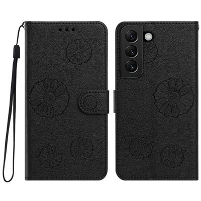 Coque Portefeuille en Cuir PU avec Motif de Marguerite pour Samsung Galaxy S22+ 5G avec Sangle de Poignet - Noir