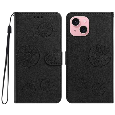Für iPhone 14 Plus Daisy-Muster PU-Leder-Mappe-Handyhülle mit Handschlaufe - Schwarz