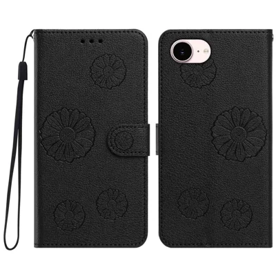 Voor iPhone 16e / iPhone 17e Daisypatroon PU Leren Portefeuille Telefoonhoesje met Polsbandje - Zwart