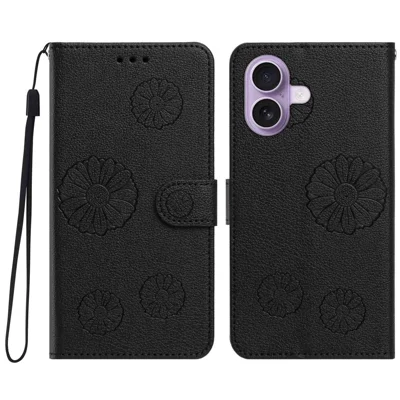  For iPhone 16 Plus Daisy Pattern PU Leather Wallet Phone Cover with Wrist Strap - Black