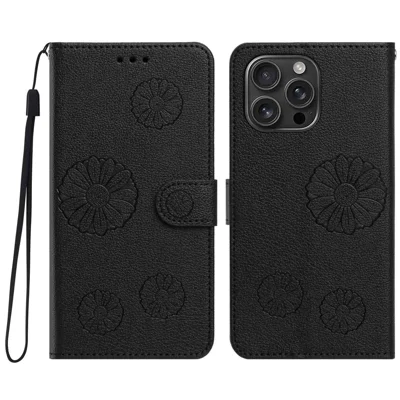For iPhone 16 Pro Max Case Daisy Pattern PU Leather Wallet Phone Cover with Wrist Strap - Black