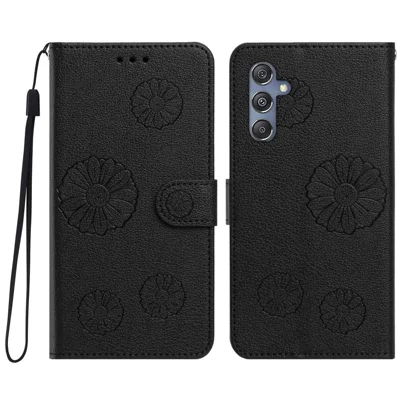  For Samsung Galaxy A14 4G / Galaxy A14 5G Daisy Pattern PU Leather Wallet Phone Cover with Wrist Strap - Black