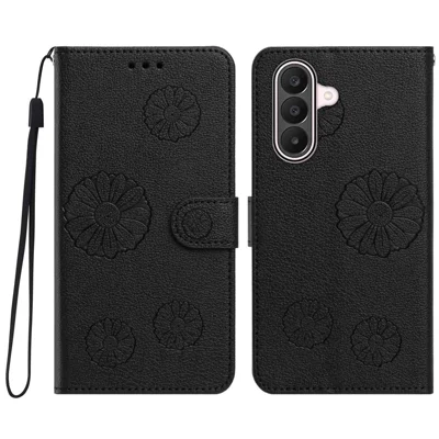  For Samsung Galaxy A17 5G / Galaxy A17 4G / Galaxy A18 5G / Galaxy A26 5G / Galaxy A18 4G Daisy Pattern PU Leather Wallet Phone Cover with Wrist Strap - Black