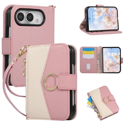 For iPhone Duo Wallet Case Triangular Splicing Zipper Leather Phone Cover with Wrist Strap - Pink