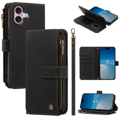  For iPhone 16 Leather Case 9 Card Slots Zipper Wallet Stand Phone Cover with Wrist Strap - Black