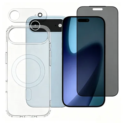 Чехол для iPhone Air 3 в1 магнитный TPU + акриловый чехол для телефона с антишпионской пленкой на экран 180° + прозрачная пленка для объектива — черный