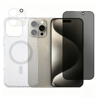 Para iPhone 16 Pro 3 em 1 Capa Magnética TPU + Acrílico com Película Anti-Espionagem 180° + Película Traseira Transparente - Preto