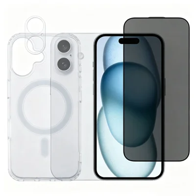 لـ iPhone 17 مجموعة مكونة من 3 قطع غطاء مغناطيسي TPU + أكريليك مع فيلم شاشة مضاد للتجسس 180° + فيلم عدسة شفاف - أسود