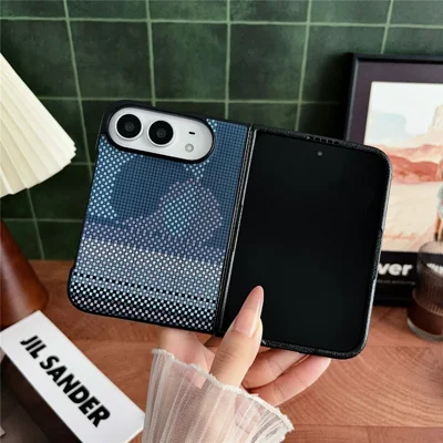 For iPhone Duo Magnetic Case Kevlar Carbon Fiber Texture PU Leather + PC Pixel Art Pattern Printing Phone Cover - Deep-Sea Blue Mountain