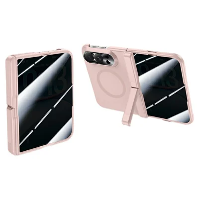 For iPhone Duo Magnetic Case Kickstand Rubberized PC Phone Cover Built-in Privacy Tempered Glass Screen Protector - Pink