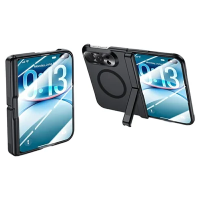 For iPhone Duo Magnetic Case Kickstand Rubberized PC Phone Cover Built-in HD Tempered Glass Screen Protector - Black
