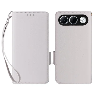 For Oppo A7 Pro 5G Case Litchi Texture Wallet Leather Phone Cover with Wrist Strap - White