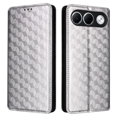 For Oppo A7 Pro 5G Case Wallet Rhombus Imprinted PU Leather Phone Cover - Silver