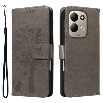Für Xiaomi Redmi 17 5G / Xiaomi Redmi 17 4G Handyhülle mit Ständer Katzentier-Baummuster Leder-Mappe Handyhülle - Grau