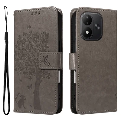  For Xiaomi Redmi Note 17 4G (Global) / Xiaomi Redmi Note 17 (India/China) 5G / Xiaomi Redmi Note 17 5G (Global) Phone Case with Stand Cat Tree Pattern Leather Wallet Mobile Cover - Grey